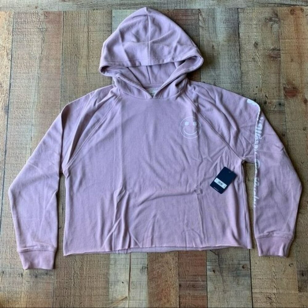 Lucky brand womens size small don’t worry be lucky pink crop top hoodie